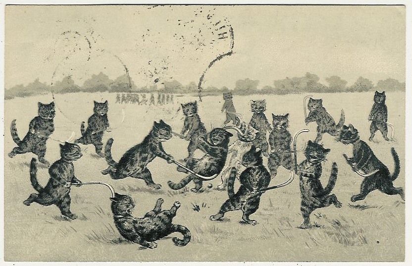 Cats, Louis Wain ?, Cats Playing Field Hockey, comic old postcard 
