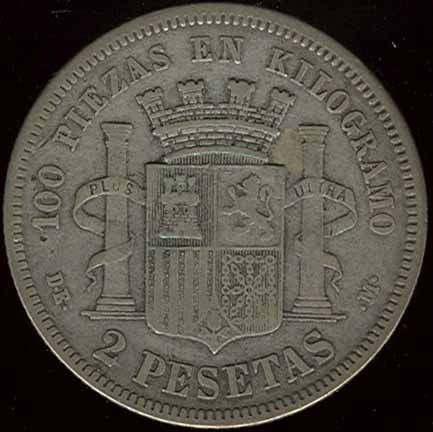 SPAIN RARE BEAUTIFUL 2 PESETAS 1870 (73) HIGH GRADE SILVER COIN  