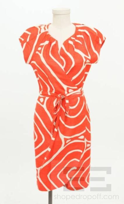 DVF Diane Von Furstenberg Orange Red & Cream Silk Print Wrap Dress 