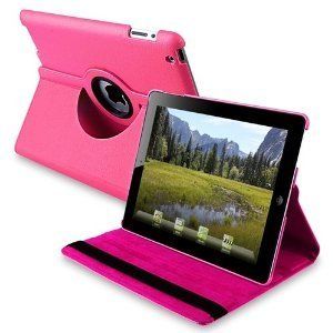 New Hot Pink iPad 3 3rd Magnetic Smart Cover Leather Case Rotating 360 