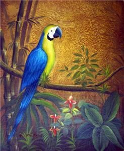 Birds Oil Painting Blue Parrot Macaw In Tree Forrest Lg  