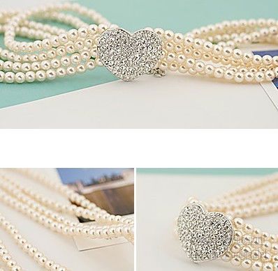 New Rhinestone Heart 4 String faux Pearl Necklace i1031  