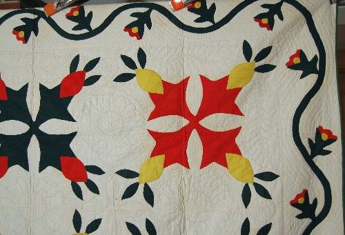   Pineapple Red, Green & Yellow Applique Hand Stitched Antique Quilt