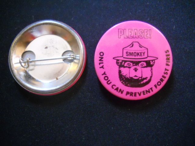 Smokey Bear pink pin badge Prevent forest fires pre 1985  